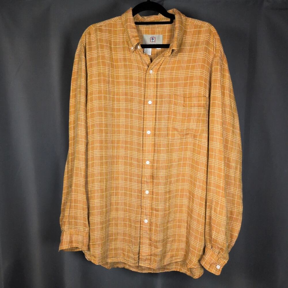 VTG The Territory Ahead Orange Plaid Linen Cotton Long Sleeve Button Up Shirt XL